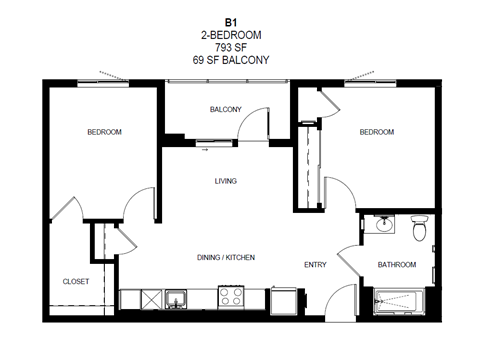 Floor plan for 2 beds, 1 bath, 802 sqft